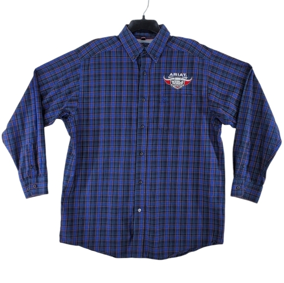 Ariat Pro Series Shirt Mens L World Series Roping Rodeo Blue Multi Plaid LS - Picture 1 of 16
